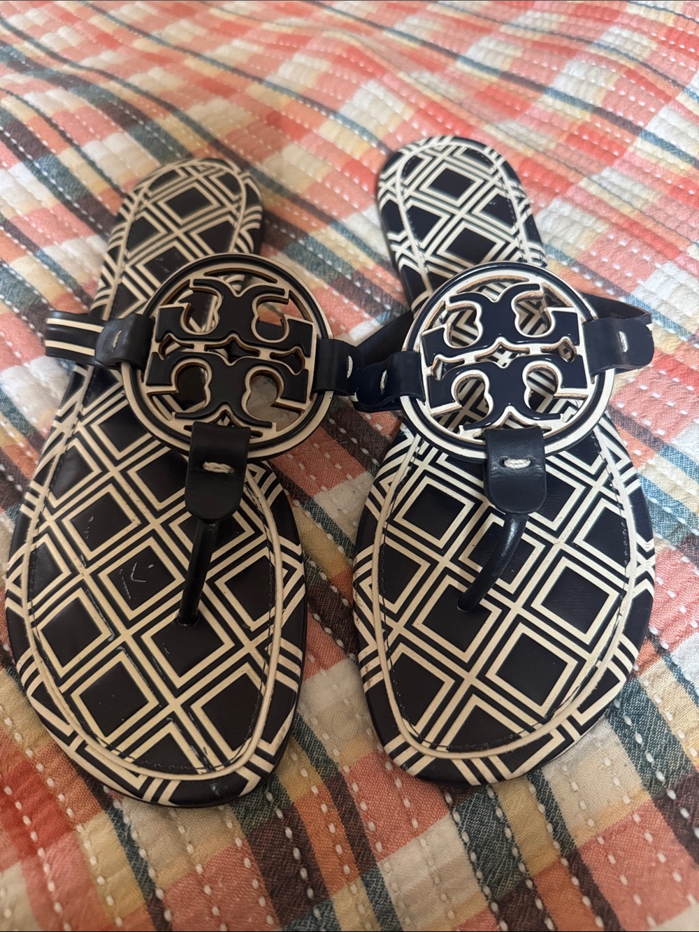 Tory Burch Blue & White Geometric Logo Thong Sandals